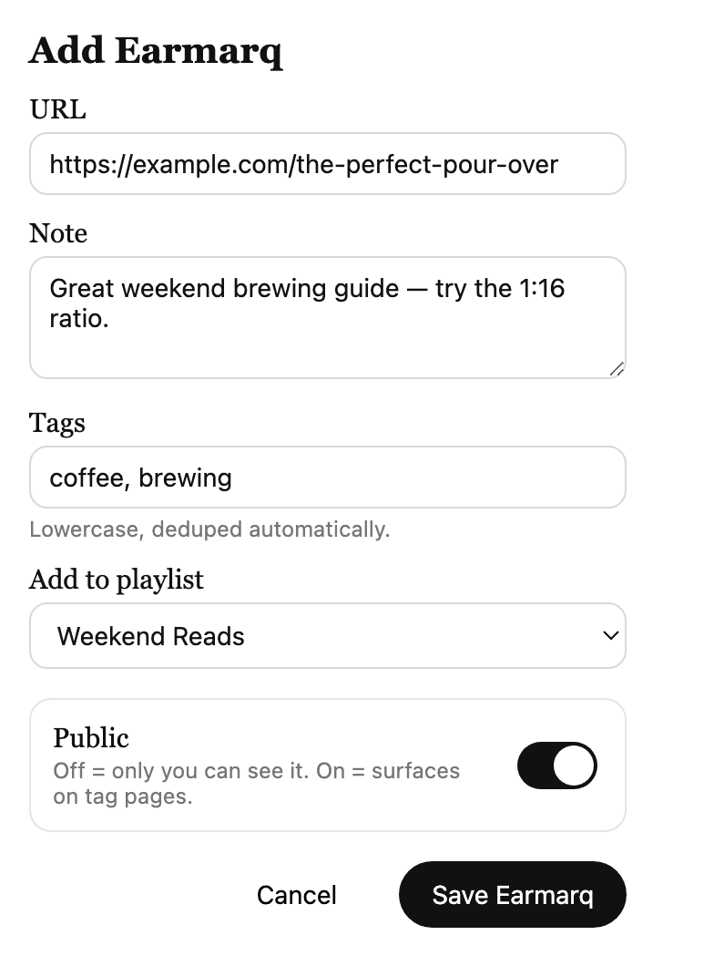 The extension popup with the Add Earmarq form filled in